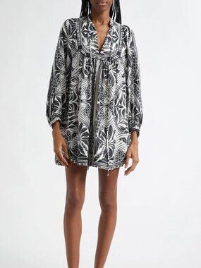 $210 Farm Rio Black White Geometric Floral Mini Elegance Scarf Dress size Small